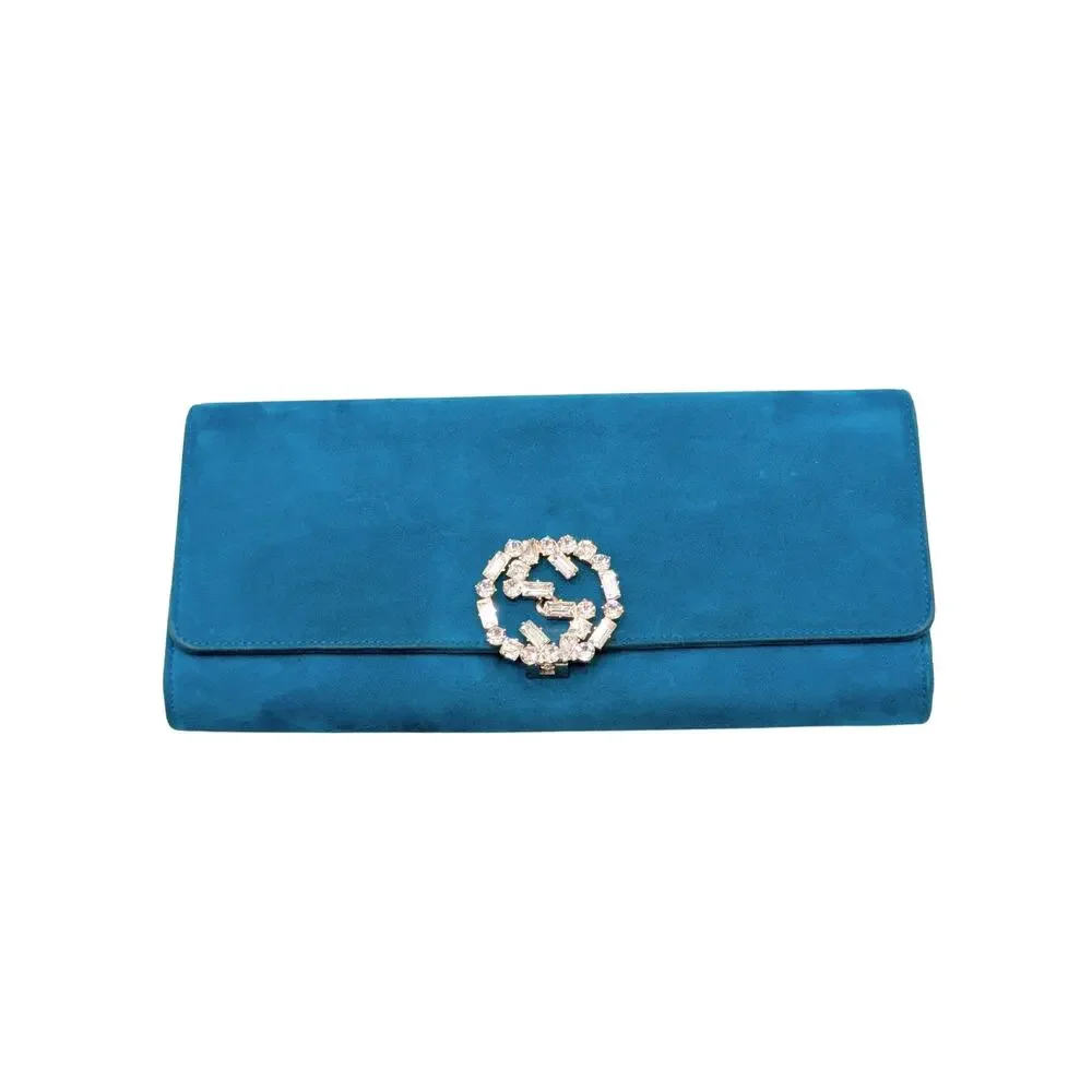 Gucci Broadway Teal Turquoise Blue Suede Swarovski Crystal Clutch Evening Bag